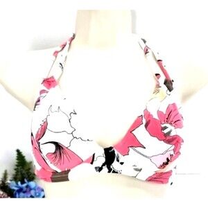 DKNY Halter Tie Bra Swim Top - Floral Print Adjustable Straps - Pink/Brown, XS